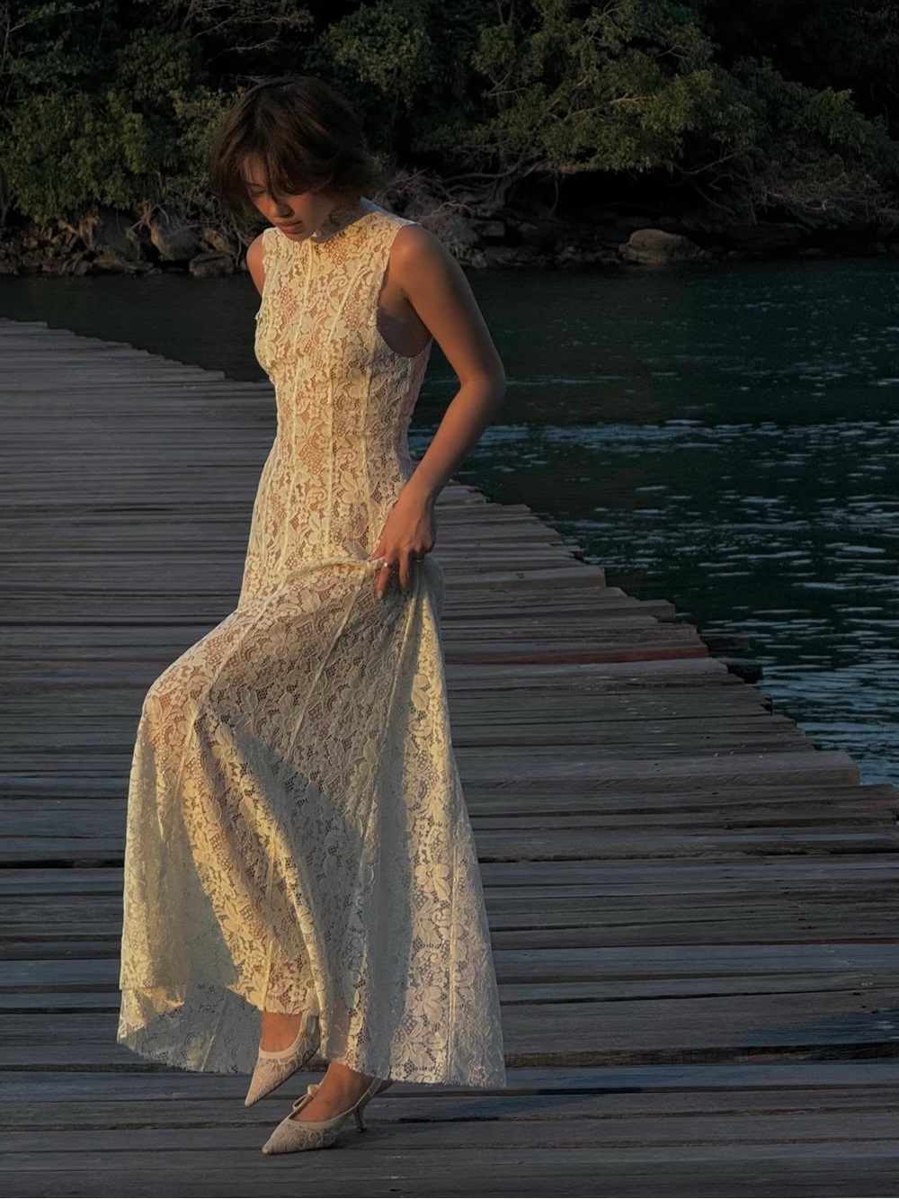 Sleeveless Lace Maxi Dress in Cream - Elegant Women’s Evening Gown